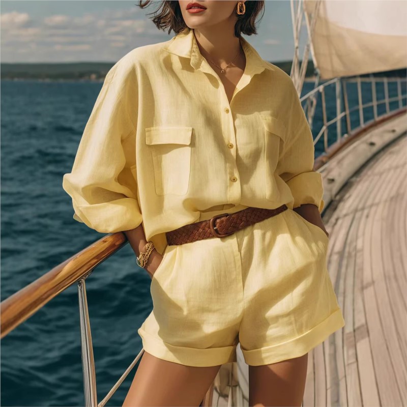 Summer Linen Clothing For Women - Conjuntos de Dos Piezas Azules para