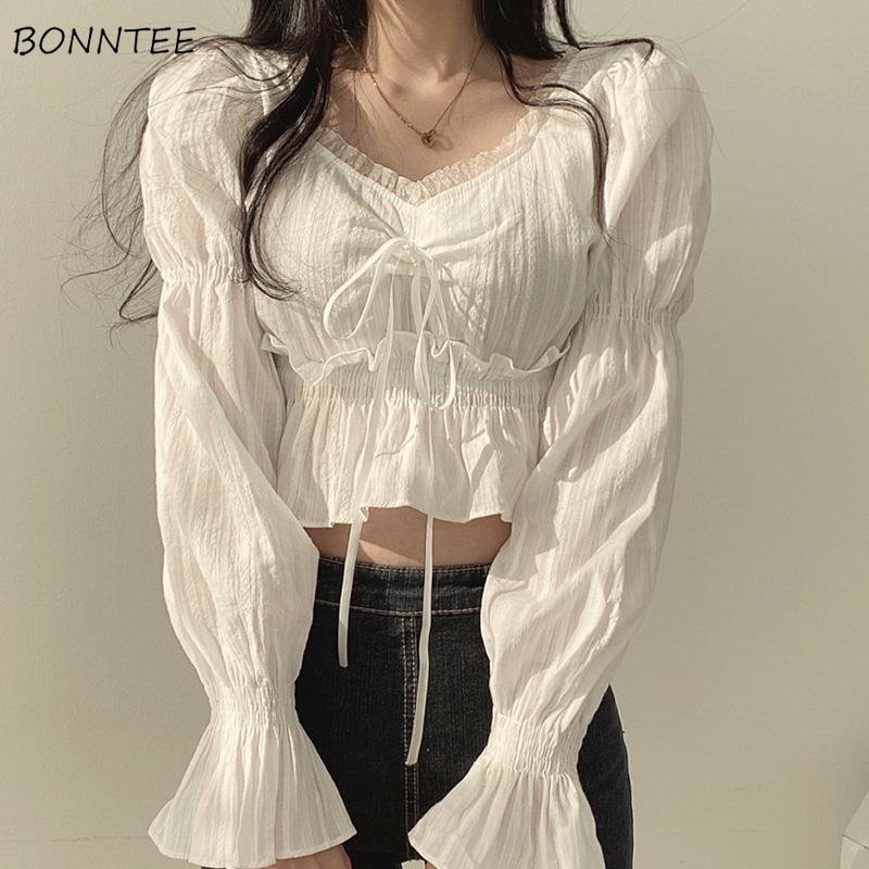Crop Blouse Linen - Blusas de manga abombada para mujer,