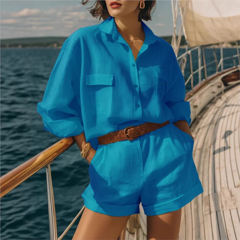 Conjuntos de Dos Piezas Azules - Summer Linen Clothing For Women reseña y precio
